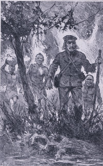 Livingstone disparó al león, pero el león lo atacó, mordiendo su hombro y rompiendo su brazo izquierdo, Conocimiento Pictórico de Newnes publicado por Newnes, c.1950 de John Harris Valda