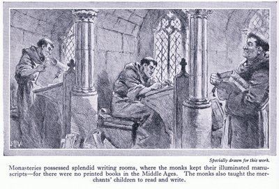 Los monasterios tenían espléndidas salas de escritura, donde los monjes mantenían manuscritos iluminados, c.1950 de John Harris Valda