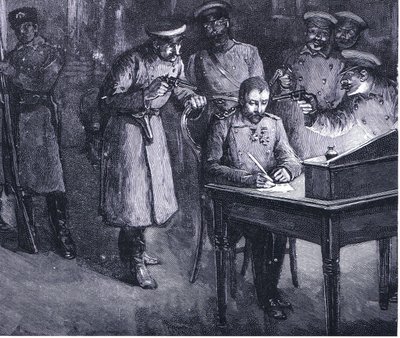 El príncipe Alejandro firmando su abdicación 1886, ilustración de Historia de las Naciones de Hutchinson VOL 4 c.1920s de John Harris Valda