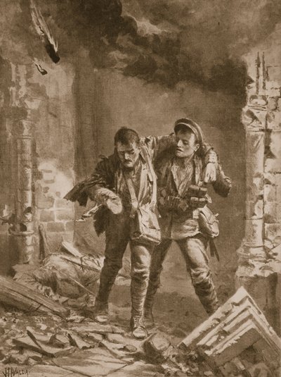 El soldado A.E. Walker asistiendo a un camarada herido desde una iglesia en llamas que se usaba como hospital de John Harris Valda
