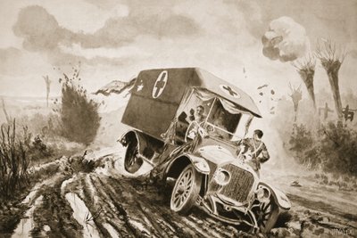 El soldado Adams asistiendo a los heridos en una ambulancia motorizada que había caído en un agujero de obús mientras estaba bajo fuego de John Harris Valda