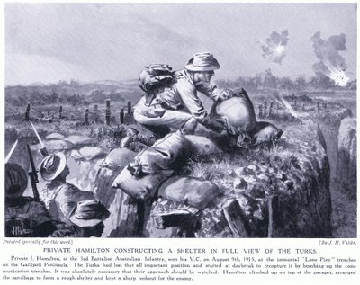 Soldado Hamilton construyendo un refugio a plena vista de los turcos en las trincheras de Lone Pine en la península de Gallipoli, agosto de 1915 de John Harris Valda