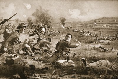 El sargento B.C. Shea animando a los hombres de su regimiento después de ser gravemente herido en Rouges Bancs de John Harris Valda