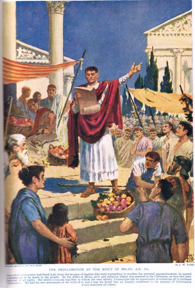 La proclamación del Edicto de Milán, 313 d.C., ilustración de 
