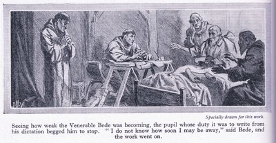 Los últimos días del Venerable Beda traduciendo el Evangelio de San Juan al inglés 735 AD, c.1950 de John Harris Valda
