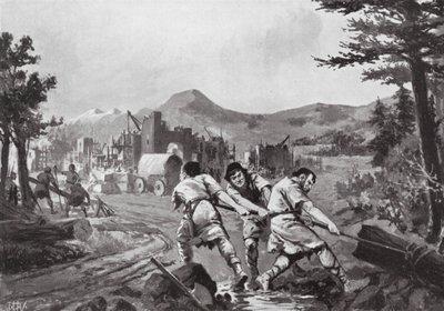 Hombres de las colinas de Valaquia fundando una ciudad, siglo IX (litografía) de John Harris Valda