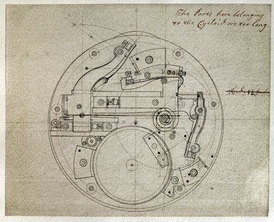 Dibujo de la disposición del movimiento del cronometro H4 de John Harrison (1693-1776), c.1759 (pluma y tinta sobre papel) de John Harrison