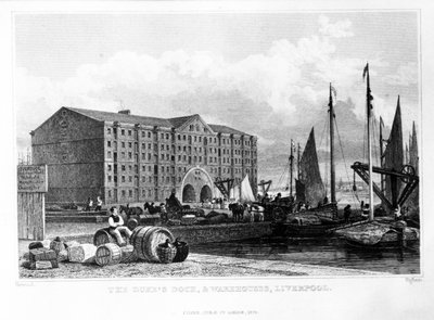 El muelle y los almacenes del duque, Liverpool, grabado por Thomas Higham, 1829 (grabado) de John Harwood
