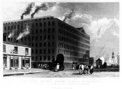 La fábrica de torcedura, Oxford Street, Manchester, grabada por John McGahey, 1829 de John Harwood