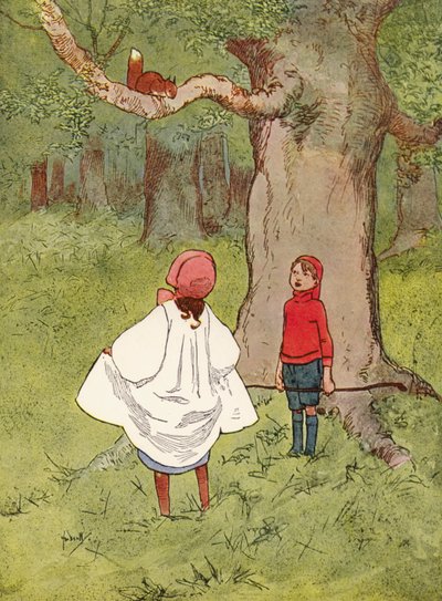 "Una querida ardillita, con la cola rizada" (litografía en color) de John Hassall