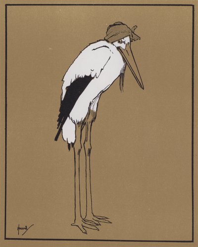 "Pero, ¿suponiendo que la cigüeña tenga un dolor de cabeza?" (litografía en color) de John Hassall