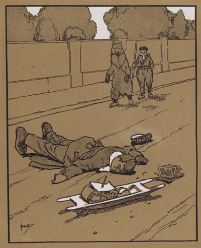"Para el día, no hay nada como la buena salvaguarda de los muertos fingidos" (litografía en color) de John Hassall