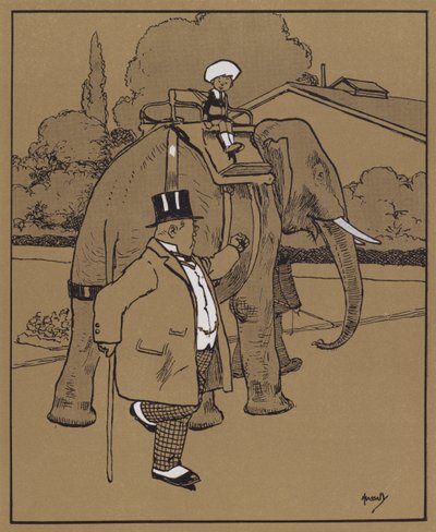 "Llamó al elefante bestia muda, o algo así" (litografía en color) de John Hassall