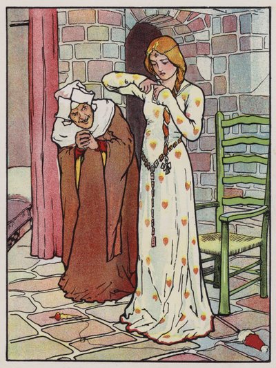 Rosanne se pincha la mano con el huso (litografía en color) de John Hassall
