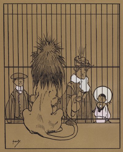 "Los Leones tienen un aspecto de segunda mano, irreal, de modo que el serrín del suelo casi podría haber salido de ellos" (litografía en color) de John Hassall