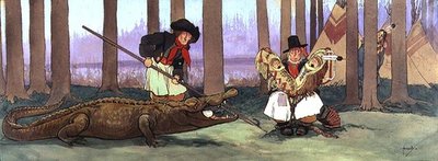 El Pirata, Gentleman Starky, ha sido capturado por los Pieles Rojas y se siente miserable. Smee canta un verso de la Canción del Pirata al Capitán Garfio que ahora está dentro del Cocodrilo, c.1906 de John Hassall