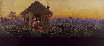 Las copas de los árboles al atardecer un año después: Peter en la casita con Wendy en su visita anual de limpieza de primavera, ilustración de "Peter Pan", c.1906 de John Hassall