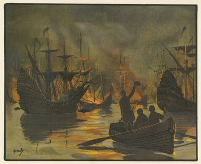 La Armada invencible atacada por barcos de fuego (litografía en color) de John Hassall
