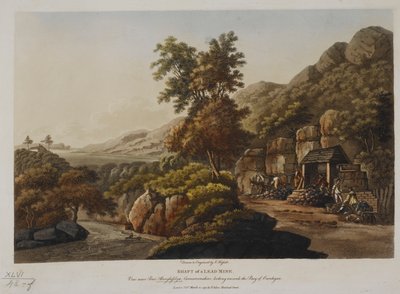Eje de una mina de plomo. Vista cerca de Pont Aberglaslyn, Carnarvonshire, mirando hacia la Bahía de Cardigan, publicado en 1798 (grabado en color) de John Hassell