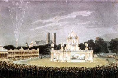 Espectáculo de fuegos artificiales en Green Park para celebrar la derrota de Napoleón, grabado por Matthew Dubourg pub. 1814 (grabado) de John Heaviside (after) Clark