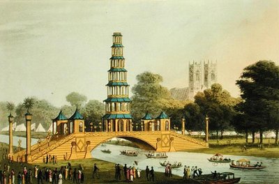 El Puente Chino y la Pagoda, erigidos en el parque en conmemoración de la Gloriosa Paz de 1814, grabado por Matthew Dubourg (fl.1785-20) de John Heaviside (after) Clark
