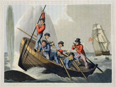 Bote de un barco atacando a una ballena, grabado por Matthew Dubourg, publicado por Edward Orme, 1813 de John Heaviside Clark