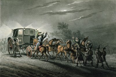 La captura del carruaje, papeles y tesoro de Bonaparte por el Mayor von Keller, Waterloo, 18 de junio de 1815, grabado por Matthew Dubourg de John Heaviside Clark