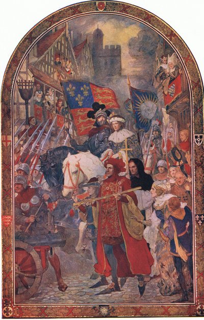 Enrique VI. Batalla de Barnet 1471: Las bandas entrenadas marchando en apoyo de Eduardo IV, de Cassells Historia del Pueblo Británico publicada por la Waverley Book Company Limited, c.1940 de John Henry Amshewitz