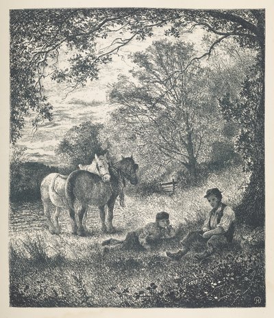 Lámina 11. Hombre, niño y caballos de condado.  Imágenes de la naturaleza. Una serie de treinta ilustraciones originales dibujadas en madera por J. H. Dell y grabadas por R. Paterson.  Juan Enrique Dell de John Henry Dell