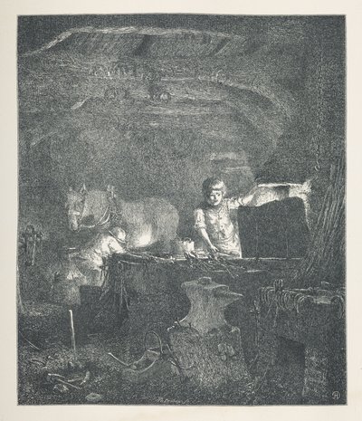 Lámina 13. Un herrero.  Imágenes de la naturaleza. Una serie de treinta ilustraciones originales dibujadas en madera por J. H. Dell y grabadas por R. Paterson.  Juan Enrique Dell de John Henry Dell