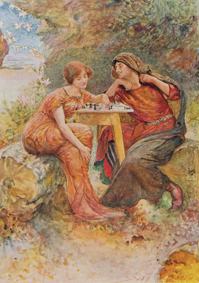 Ferdinando y Miranda en La tempestad de Historias infantiles de Shakespeare por Edith Nesbit (1858-1924) pub. por Raphael Tuck & Sons Ltd., Londres de John Henry Frederick Bacon