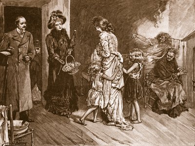 Occidente se encuentra con Oriente: visitantes acomodados en una vivienda de tugurios, ilustración de 