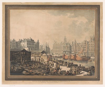 Vista del mercado de pescado en la Plaza Dam en Amsterdam Presa Feyge con parte del mercado de pescado de Ámsterdam (título sobre el objeto) de John Henry Wright