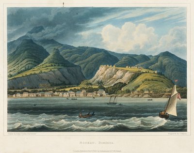 La ciudad de Roseau, Dominique (Caraibes). Litografía (32,2x46,6 cm) del teniente John Herbert Caddy (1801-1883). de John Herbert Caddy