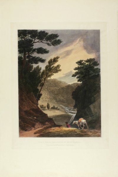 Vista cerca de las cataratas de Schuylkill, Pensilvania, lámina cinco del primer número de Picturesque Views of American Scenery de John Hill
