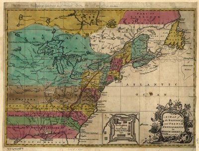 Mapa de los asentamientos británicos y franceses en Norteamérica. LOC 77690484 de John Hinton