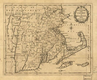 Mapa nuevo y preciso de la colonia de la bahía de Massachusets, en América del Norte, extraído de un levantamiento topográfico tardío. LOC 2001620337 de John Hinton
