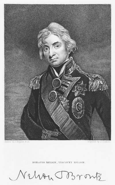 Retrato del almirante Horatio Nelson con su firma, grabado por John Cochran (fl.1821-65) de John Hoppner