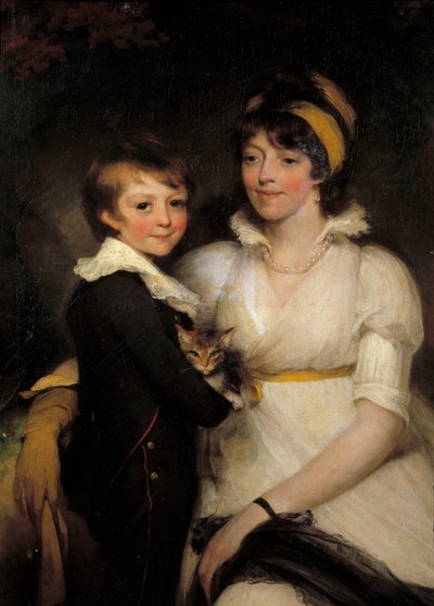 Joven mujer y niño pequeño sosteniendo un gato de John Hoppner