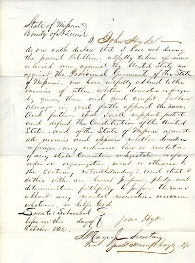 Juramento de lealtad de John Hyde de Missouri, Condado de St. Louis de John Hyde