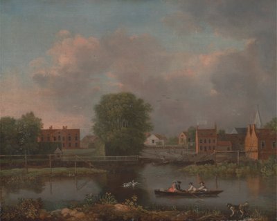 Un paisaje fluvial, posiblemente una vista desde el extremo oeste del puente de Rochester de John Inigo Richards RA
