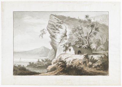Vista costera en Nueva Zelanda, con cabaña nativa y una canoa de vela en la bahía, de 