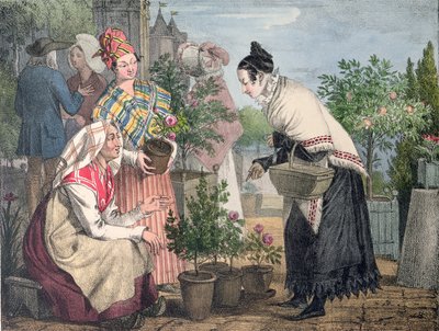 El Mercado de Flores, París, grabado por Charles Joseph Hullmandel (1789-1850), publicado en 1821 de John James Chalon