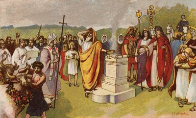 Constantino el Grande ofreciendo un sacrificio cuando llegan los primeros cristianos, York, 306 (chromolitho) de John Jellicoe