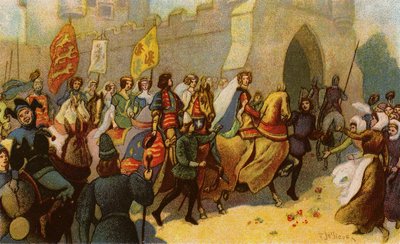 El rey Eduardo III y sus nobles escoltan a Philippa de Hainaut a York de John Jellicoe