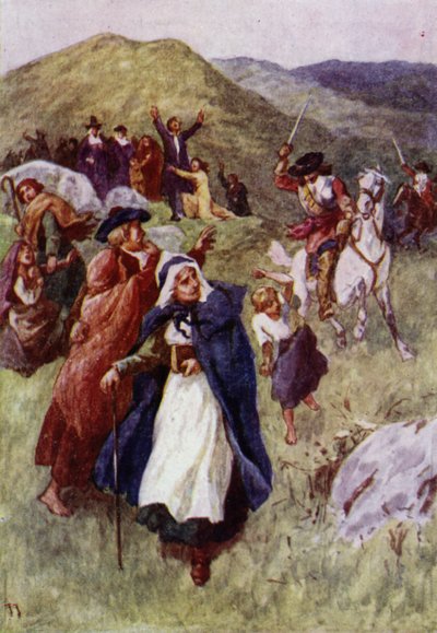 Soldados expulsando a la gente que se ha reunido para rendir culto en las colinas escocesas (litografía en color) de John Jellicoe