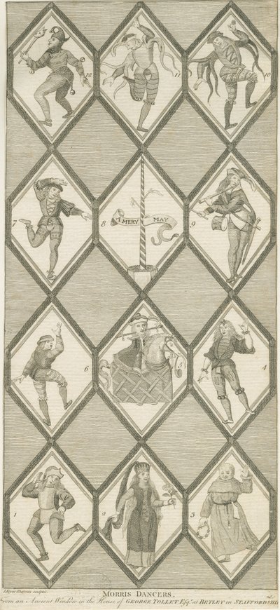 Ventana de Vidrio de Betley - Bailarines Morris: grabado de John Keyse Sherwin
