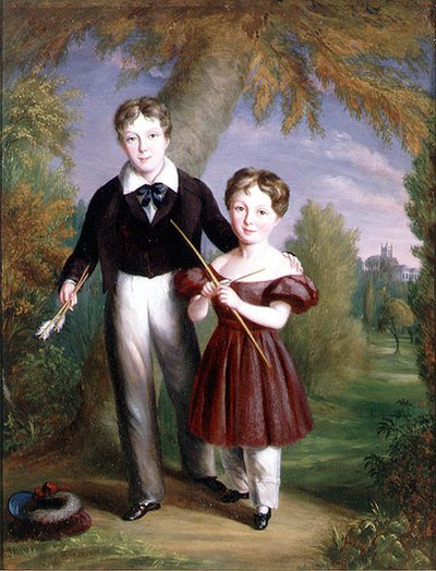 Doble retrato de dos niños con arcos y flechas de John King