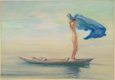Niña en la Proa de una Canoa Extendiendo su Taparrabos como Vela, Samoa de John La Farge