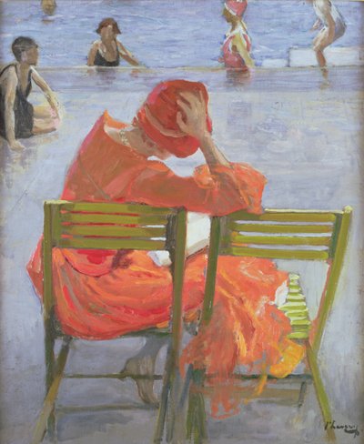 Chica con vestido rojo leyendo junto a una piscina de John Lavery